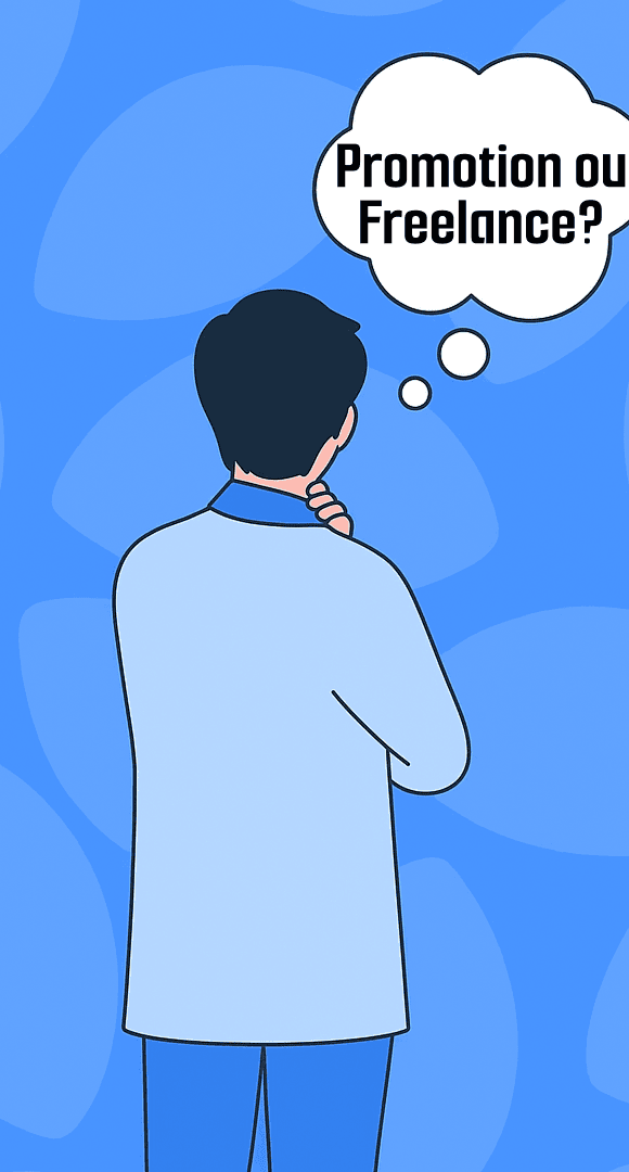 Un homme debout se questionnant : dois-je choisir une promotion ou le freelance ?